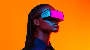 Portrait futuriste avec casque de réalité virtuelle pour une formation aux prompts IA