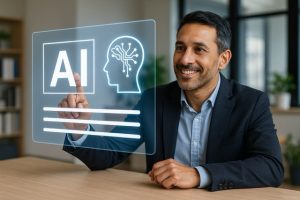 Formation IA pour professionnels : Un professionnel en formation IA interagit avec une interface d’intelligence artificielle dans un cadre de travail collaboratif