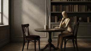 Mannequin de bois face à une chaise vide illustrant la projection humaine sur l’IA