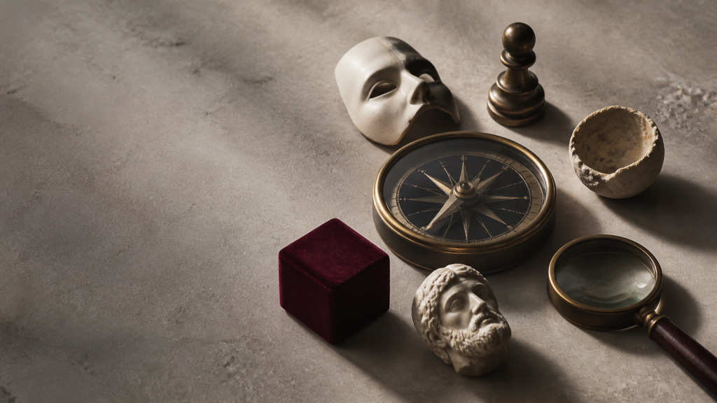 Objets et boussole illustrant un jugement critique face aux biais de l’intelligence artificielle